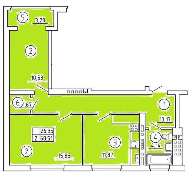 60,5 м², 2-комнатная квартира 4 653 000 ₽ - изображение 1
