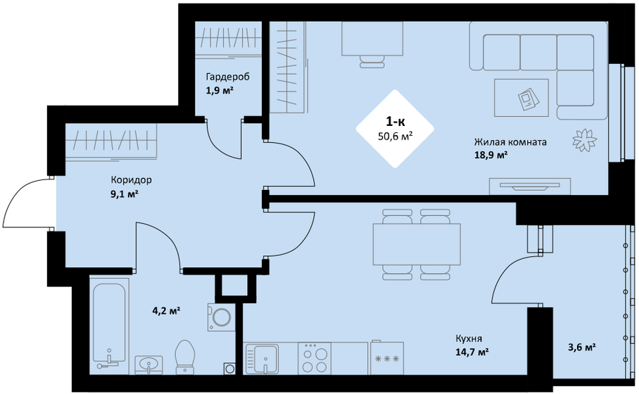 50,6 м², 1-комнатная квартира 7 944 200 ₽ - изображение 23