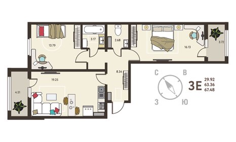 Квартира 67,5 м², 2-комнатная - изображение 1