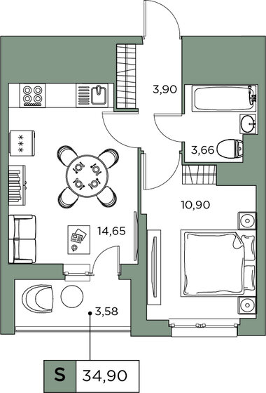 34,7 м², 1-комнатная квартира 6 587 344 ₽ - изображение 1