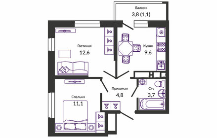 Квартира 43,5 м², 2-комнатная - изображение 1