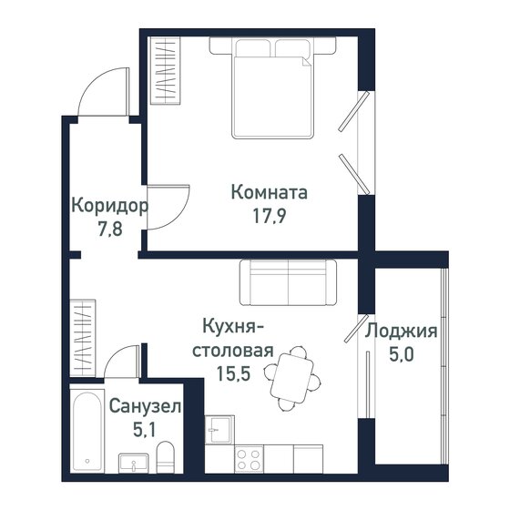 46,2 м², 1-комнатная квартира 5 771 250 ₽ - изображение 1