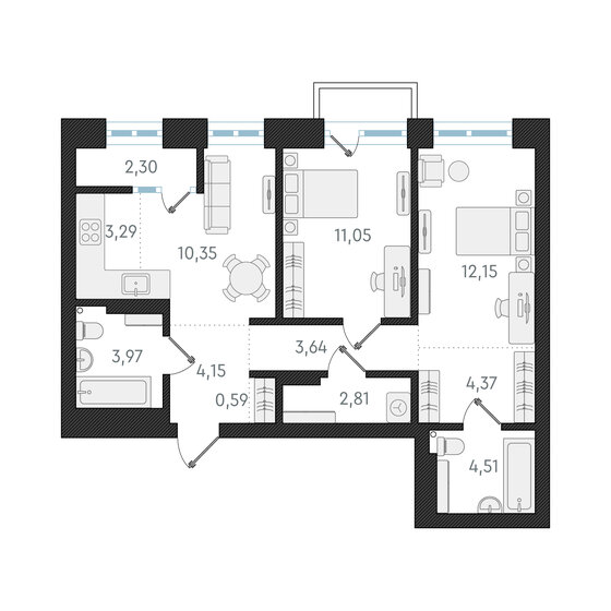 60,9 м², 3-комнатная квартира 11 450 000 ₽ - изображение 1