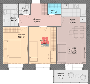 Квартира 66,2 м², 2-комнатная - изображение 1