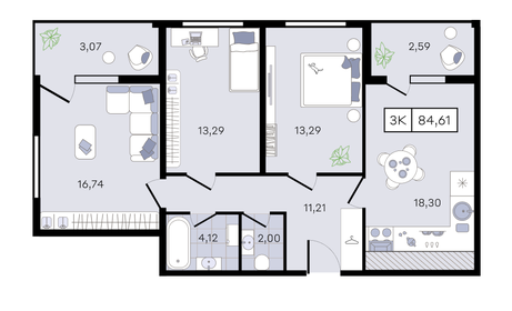 Квартира 84,6 м², 3-комнатная - изображение 1