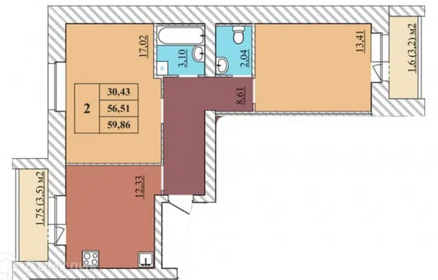 Квартира 59,9 м², 2-комнатная - изображение 2