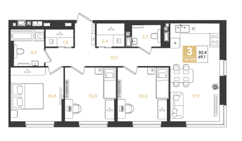 Квартира 69,1 м², 3-комнатная - изображение 1