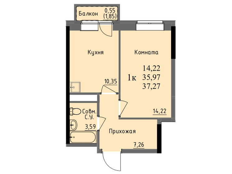 36 м², 1-комнатная квартира 3 876 000 ₽ - изображение 1