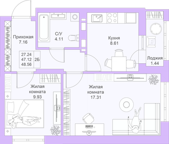 Квартира 48,6 м², 2-комнатная - изображение 1