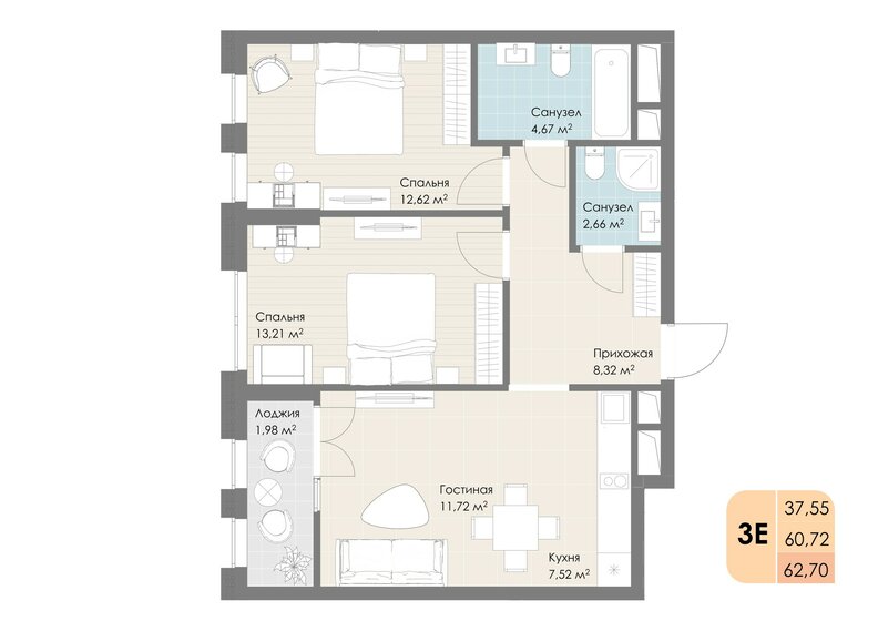 62,7 м², 3-комнатная квартира 14 069 880 ₽ - изображение 1