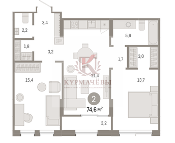 Квартира 74,7 м², 2-комнатная - изображение 1