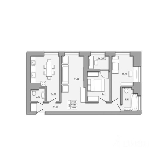 71 м², 3-комнатная квартира 7 600 000 ₽ - изображение 1