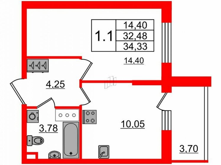 32,5 м², 1-комнатная квартира 6 300 000 ₽ - изображение 1