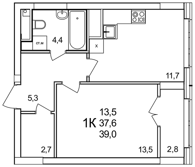 39 м², 1-комнатная квартира 5 070 000 ₽ - изображение 1