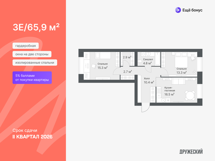 65,9 м², 2-комнатная квартира 7 810 000 ₽ - изображение 1