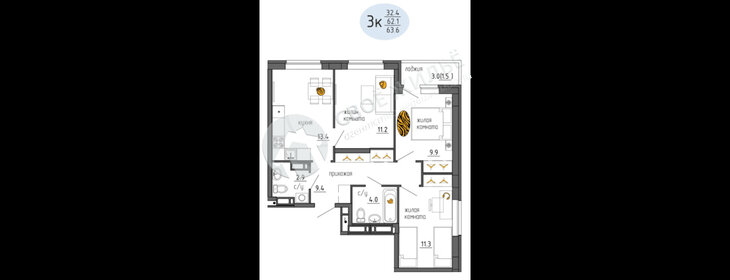 Квартира 63,6 м², 3-комнатная - изображение 2