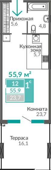 55,9 м², 1-комнатные апартаменты 12 466 000 ₽ - изображение 1