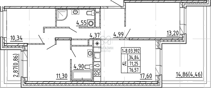 Квартира 76,6 м², 3-комнатная - изображение 1