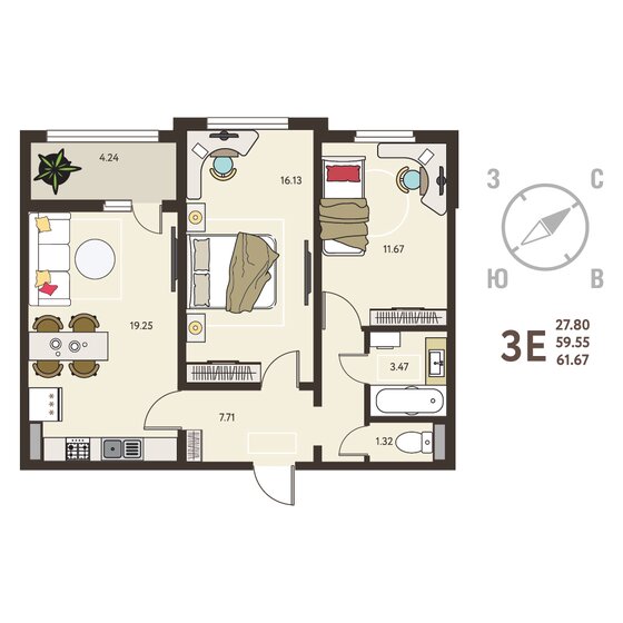 61,7 м², 2-комнатная квартира 6 413 680 ₽ - изображение 47