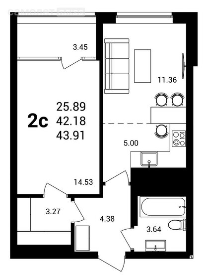 43,9 м², 2-комнатная квартира 7 100 000 ₽ - изображение 1