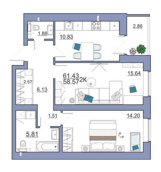 61,4 м², 2-комнатная квартира 5 354 410 ₽ - изображение 1