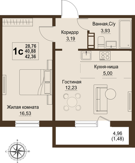 40,9 м², 2-комнатная квартира 4 599 000 ₽ - изображение 1