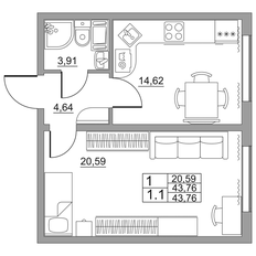 Квартира 43,8 м², 1-комнатная - изображение 2