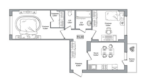 Квартира 56 м², 2-комнатная - изображение 1