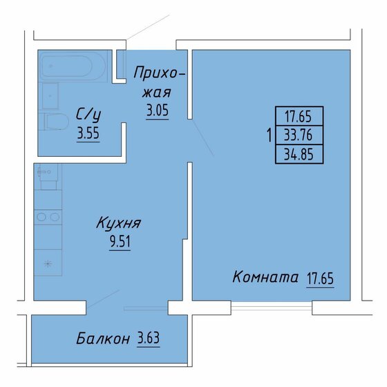 34,9 м², 1-комнатные апартаменты 5 925 000 ₽ - изображение 1