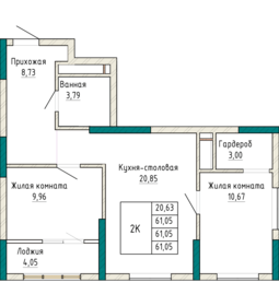 61 м², 2-комнатная квартира 8 489 000 ₽ - изображение 1