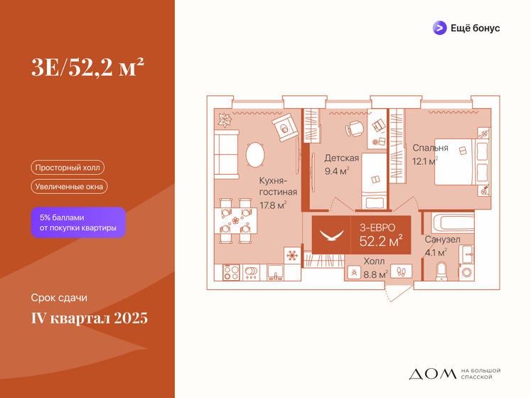 52,2 м², 2-комнатная квартира 7 670 000 ₽ - изображение 1