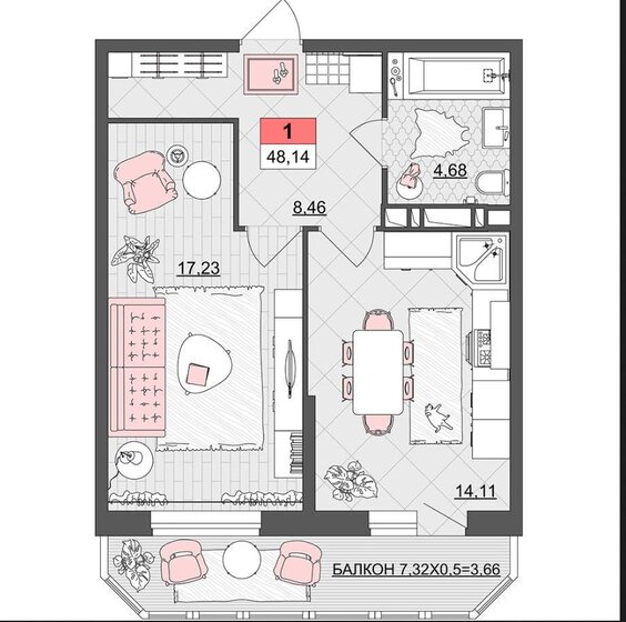 48,1 м², 1-комнатная квартира 6 300 000 ₽ - изображение 1