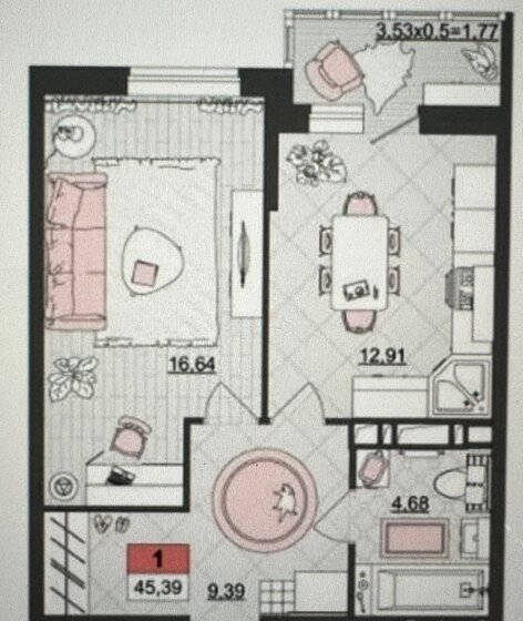 45,4 м², 1-комнатная квартира 5 400 000 ₽ - изображение 1