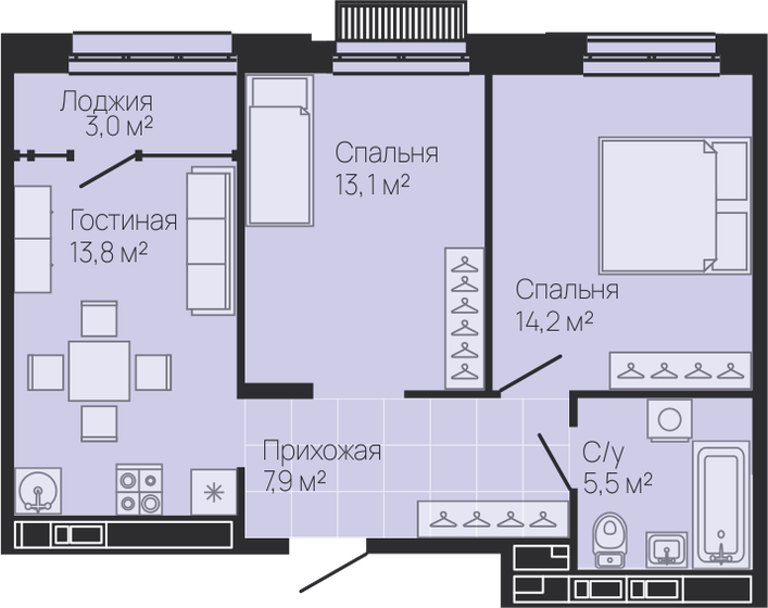 55,9 м², 2-комнатная квартира 14 534 000 ₽ - изображение 1