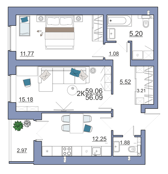 59,1 м², 2-комнатная квартира 5 620 700 ₽ - изображение 1