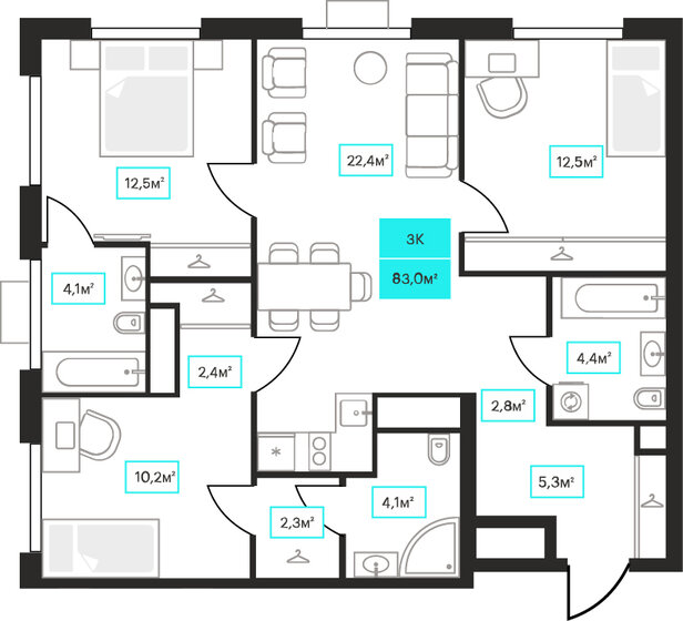 83 м², 3-комнатная квартира 11 840 000 ₽ - изображение 1