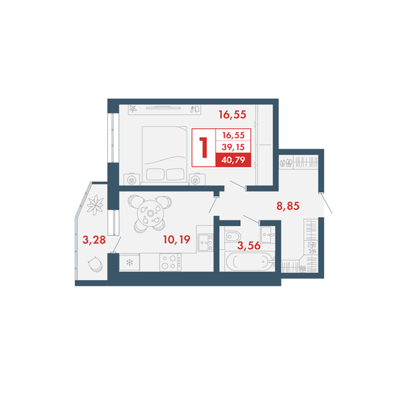 40,8 м², 1-комнатная квартира 3 711 890 ₽ - изображение 1