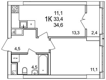 Квартира 34,6 м², 1-комнатная - изображение 1