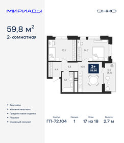 Квартира 59,8 м², 2-комнатная - изображение 1