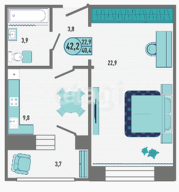 Квартира 42,2 м², 1-комнатная - изображение 2