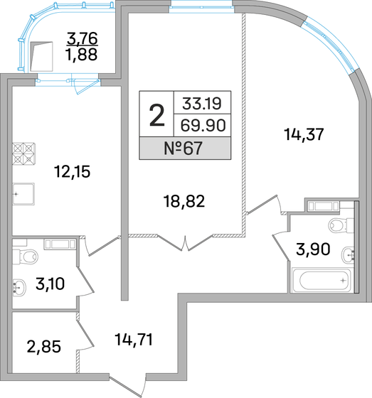 69,9 м², 2-комнатная квартира 16 268 564 ₽ - изображение 1