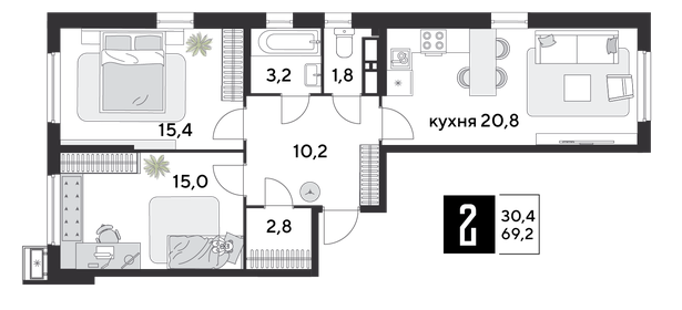 69,2 м², 2-комнатная квартира 11 791 679 ₽ - изображение 5
