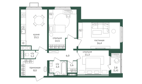 Квартира 78,9 м², 3-комнатная - изображение 1