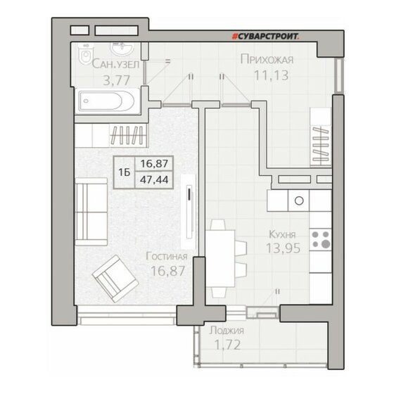 47,4 м², 1-комнатная квартира 14 204 000 ₽ - изображение 1