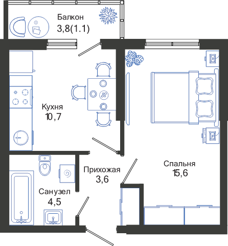 35,5 м², 1-комнатная квартира 7 009 475 ₽ - изображение 1