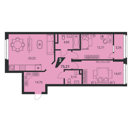 75,2 м², 2-комнатная квартира 9 150 582 ₽ - изображение 1