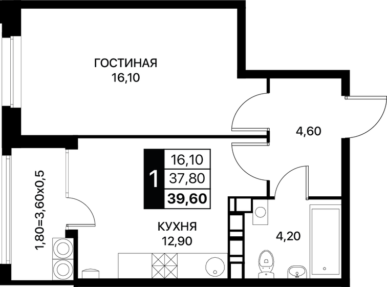 39,6 м², 1-комнатная квартира 5 235 120 ₽ - изображение 1
