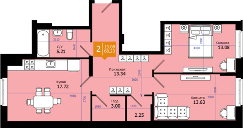 Квартира 68,2 м², 2-комнатная - изображение 1