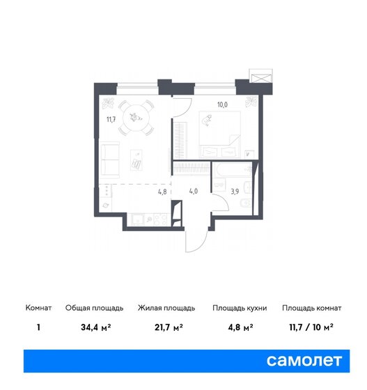34,4 м², 1-комнатные апартаменты 15 736 851 ₽ - изображение 1