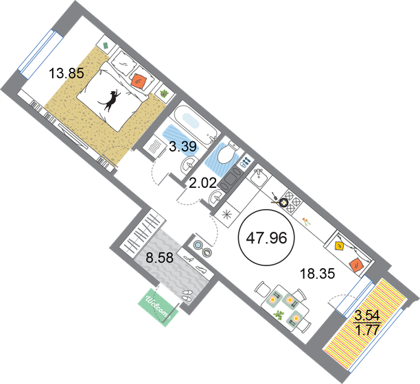 48 м², 1-комнатная квартира 13 380 840 ₽ - изображение 1